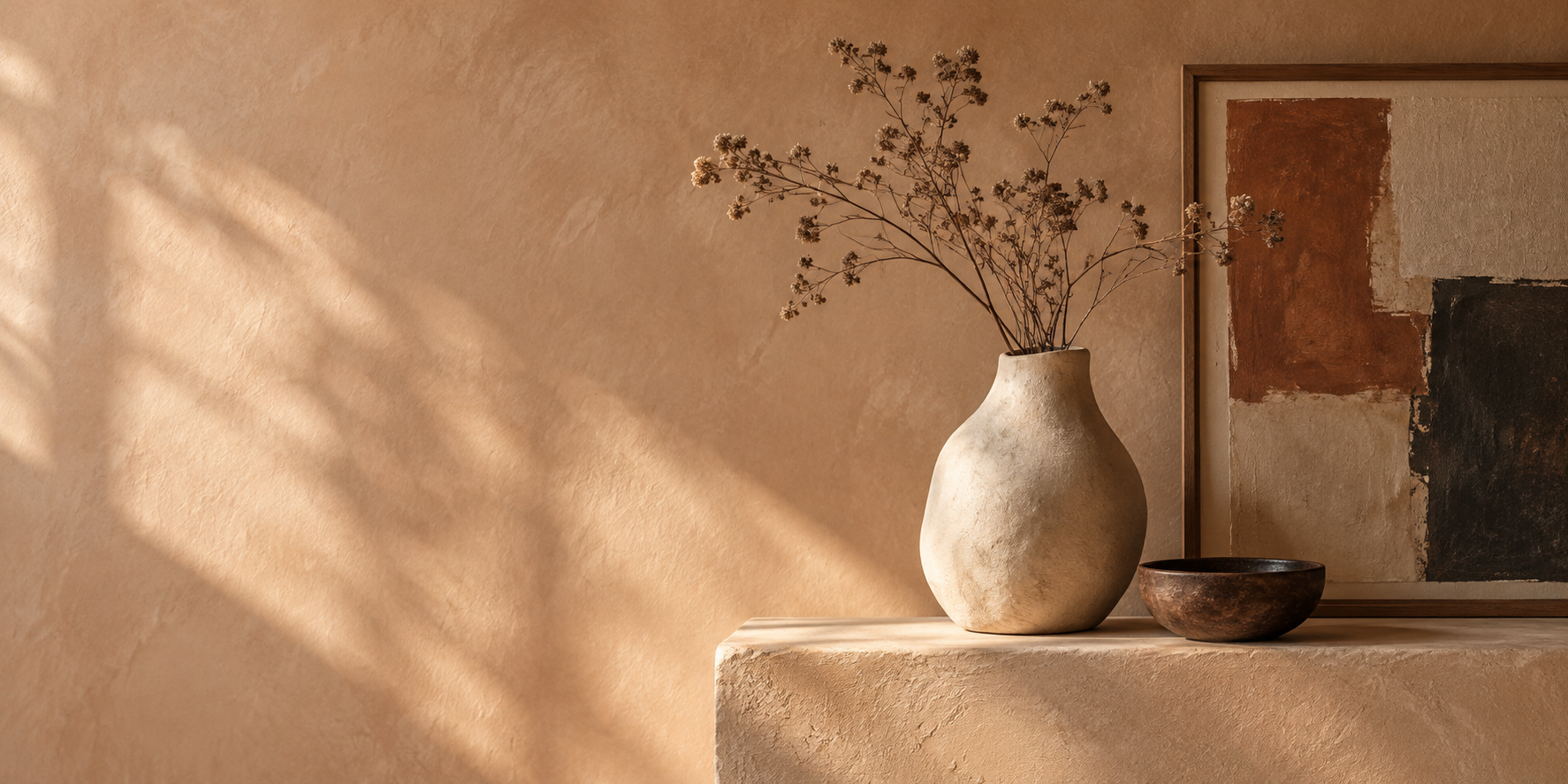 Handmade ceramics and an abstract painting arranged in warm morning light